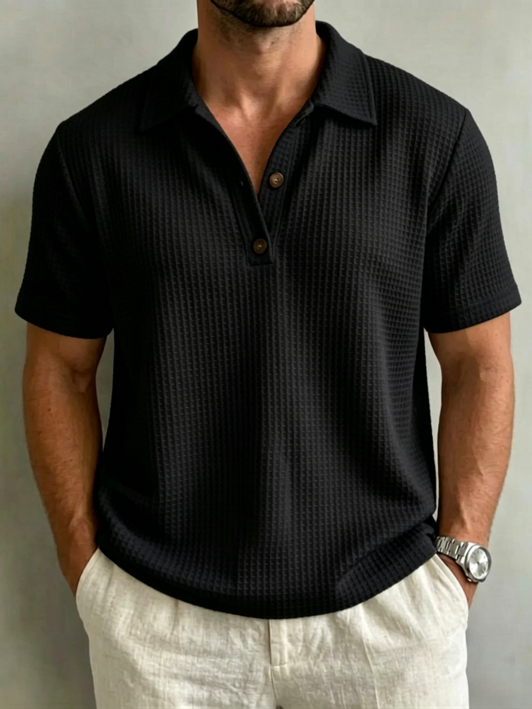 Men’s Waffle Knit Half-Button Polo Shirt