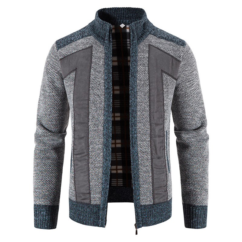 Herren Stehkragen Patchwork wattierter Pullover Strickjacke Pullover