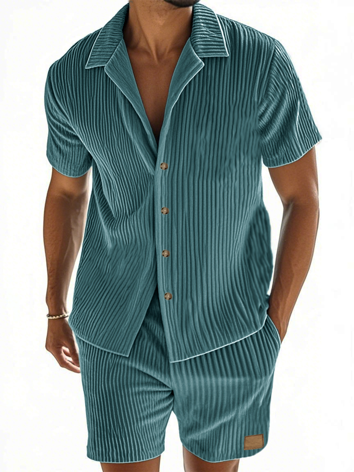 Herren Kurzarmhemd und Shorts im zweiteiligen Anzug mit vertikal gestreiftem Textur