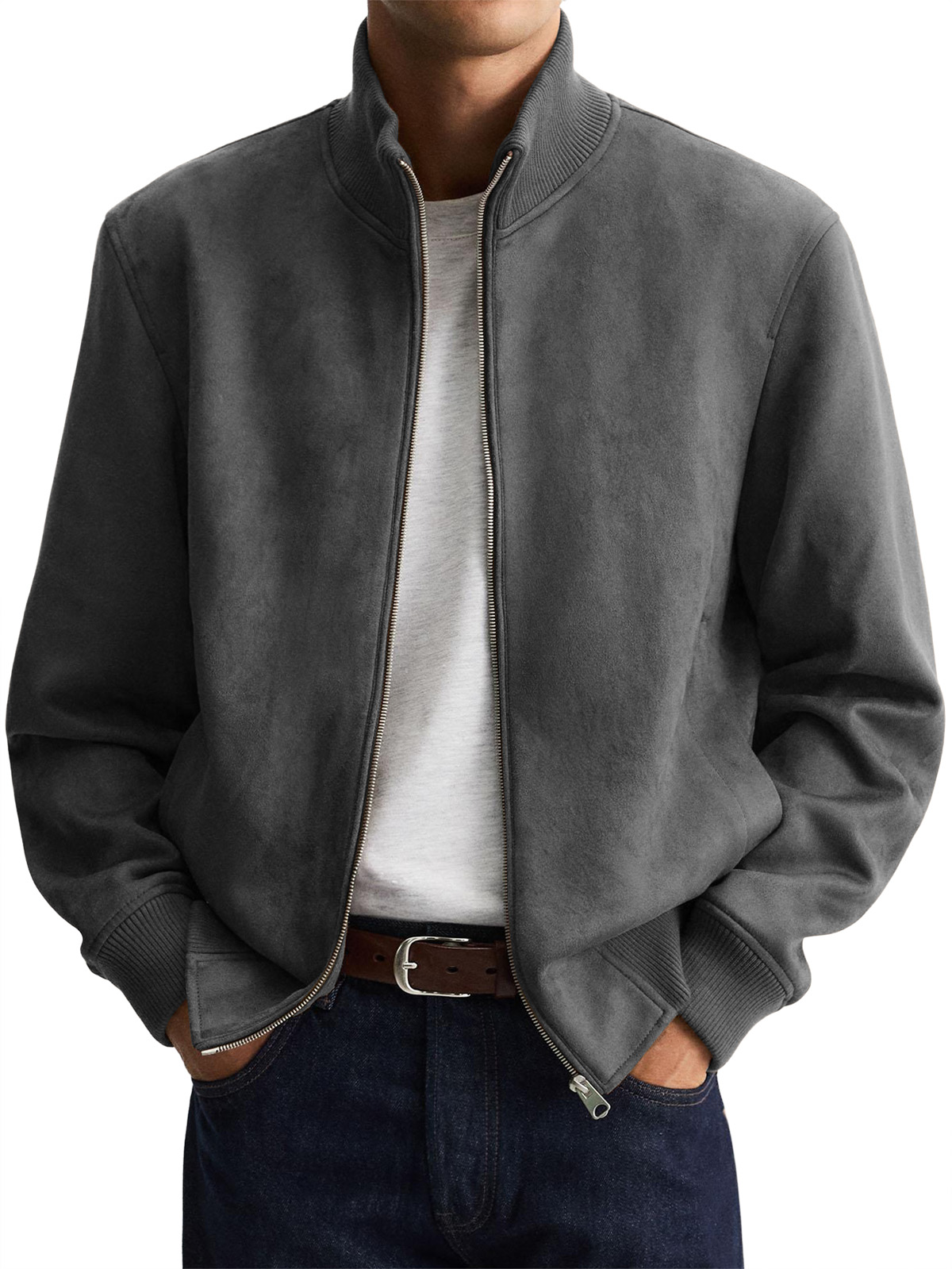 Herrenjacke aus Wildleder mit Stehkragen und Reißverschluss