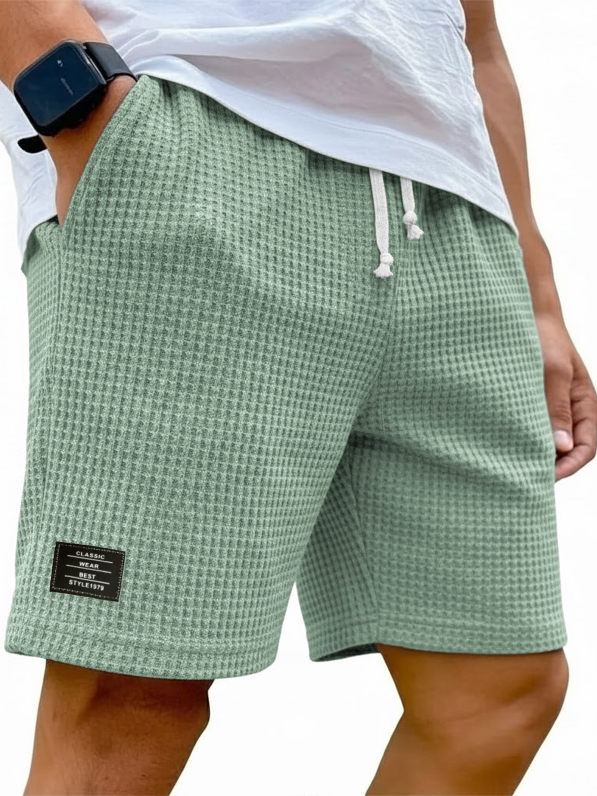 Herren Shorts mit einfachem Waffelstruktur, Kordelzug und besticktem Etikett