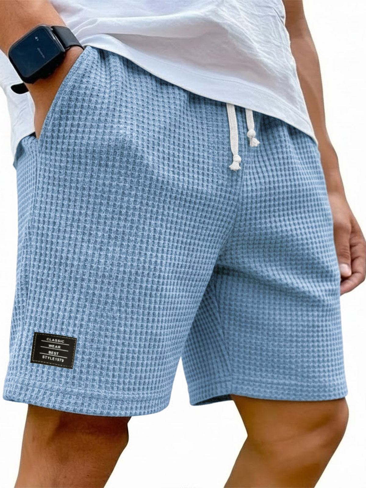Herren Shorts mit einfachem Waffelstruktur, Kordelzug und besticktem Etikett
