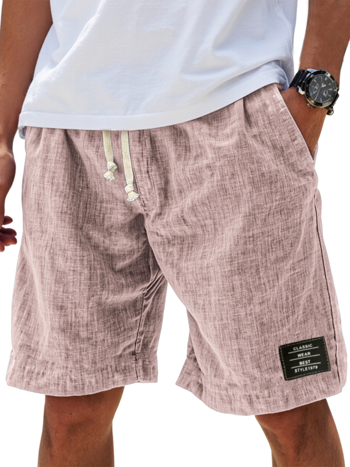 Herren Leinen Urlaub Klassische Bestickte Etikett Alltag Komfort Shorts