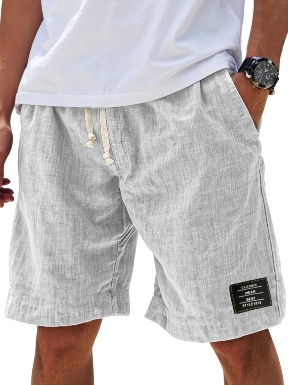 Herren Leinen Urlaub Klassische Bestickte Etikett Alltag Komfort Shorts