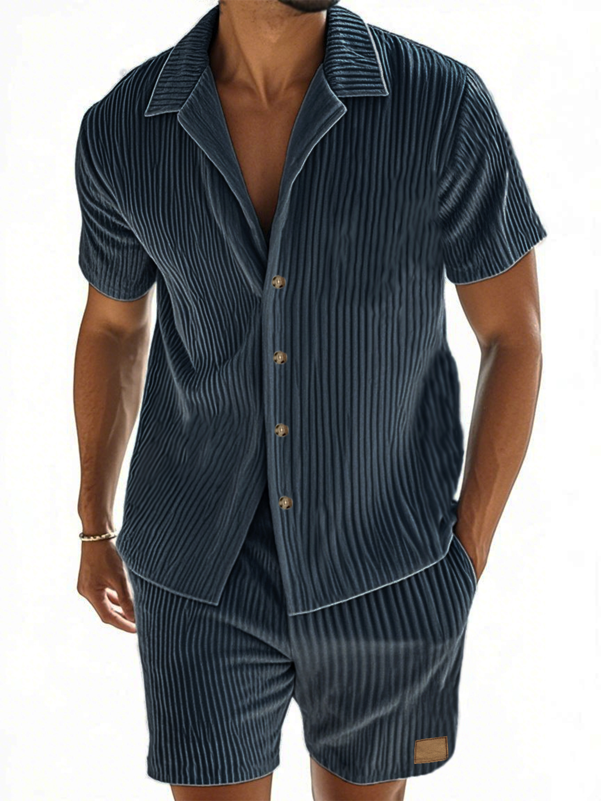 Herren Kurzarmhemd und Shorts im zweiteiligen Anzug mit vertikal gestreiftem Textur