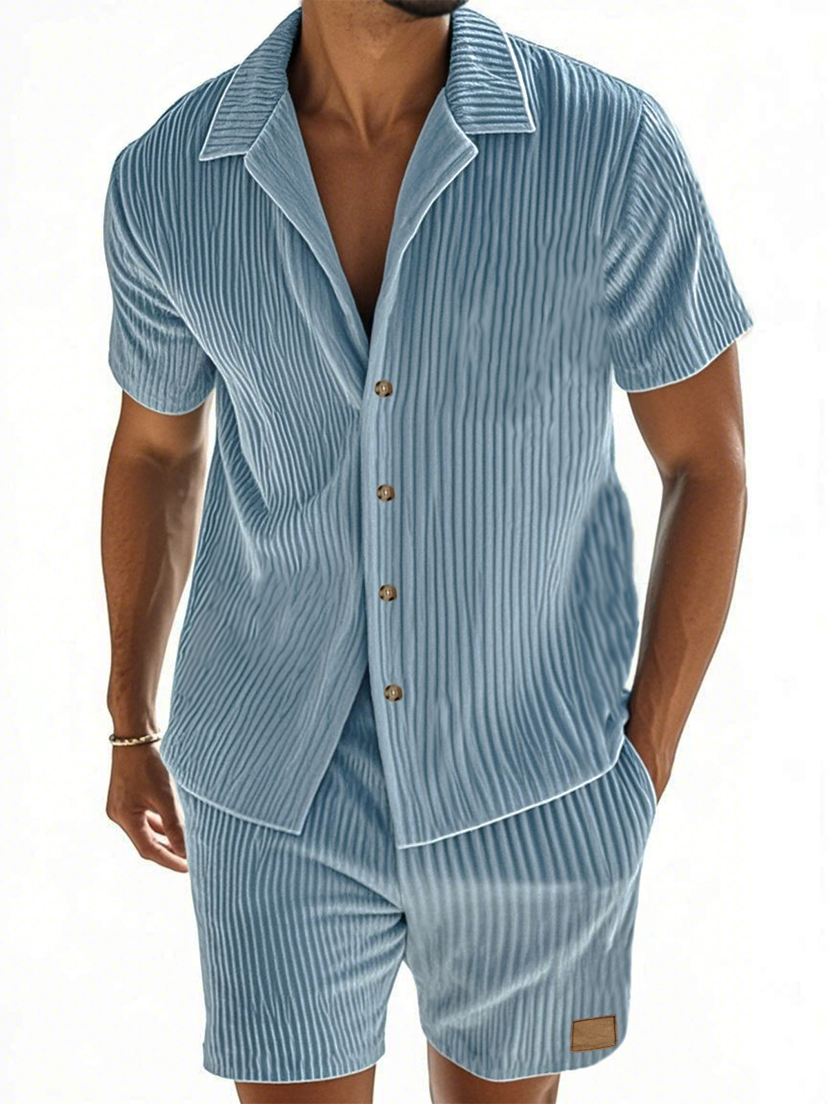 Herren Kurzarmhemd und Shorts im zweiteiligen Anzug mit vertikal gestreiftem Textur