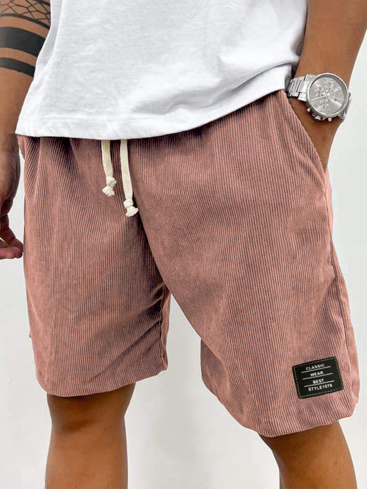 Herren Stilvolle Corduroy Einfache Bestickte Etikett Urlaub Lässige Shorts