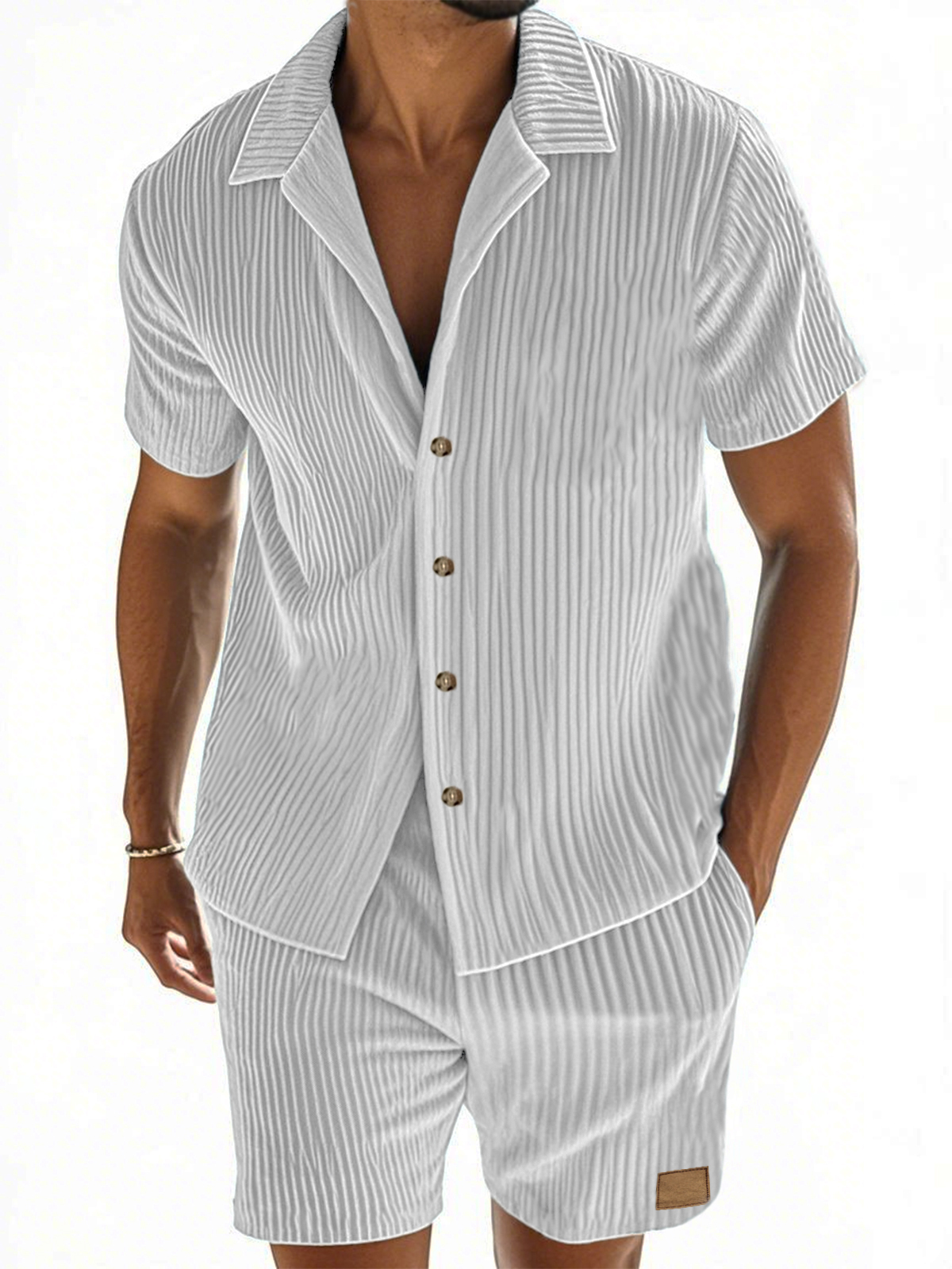 Herren Kurzarmhemd und Shorts im zweiteiligen Anzug mit vertikal gestreiftem Textur