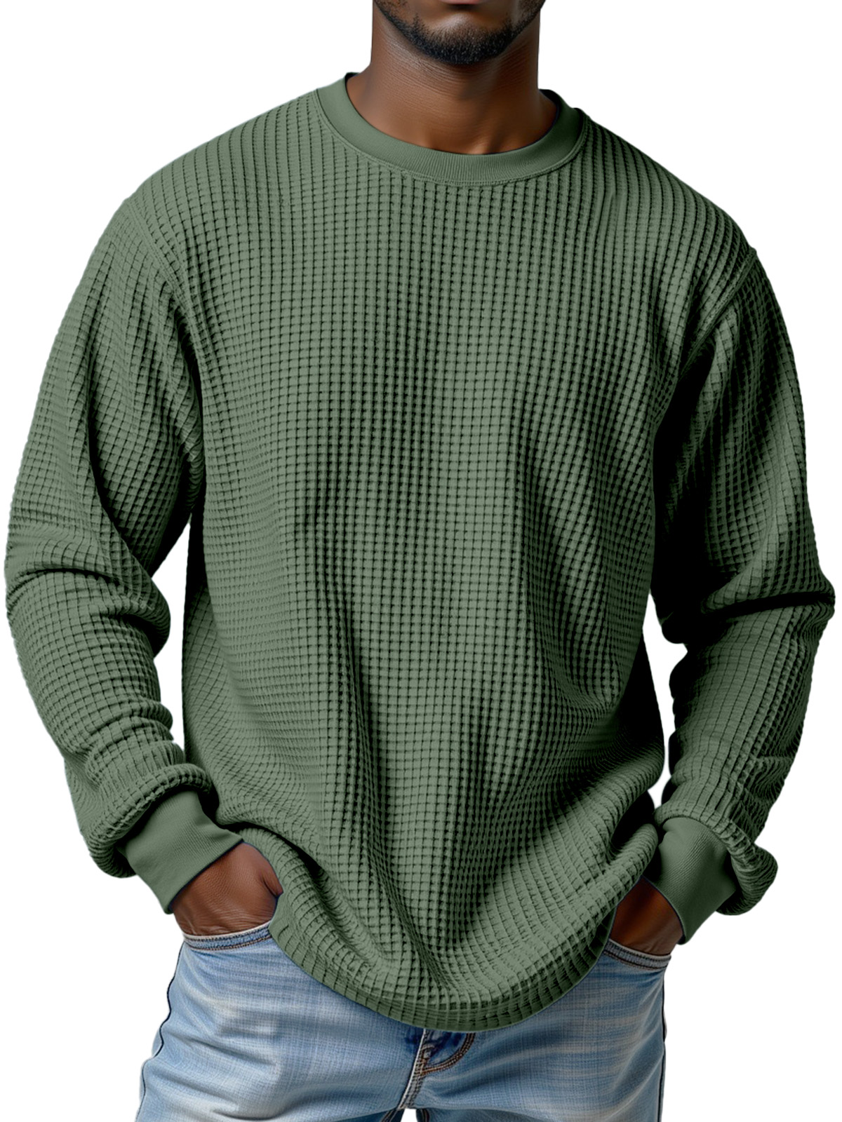 Herren Freizeit Einfarbiger Waffel Rundhals Langarm T-Shirt