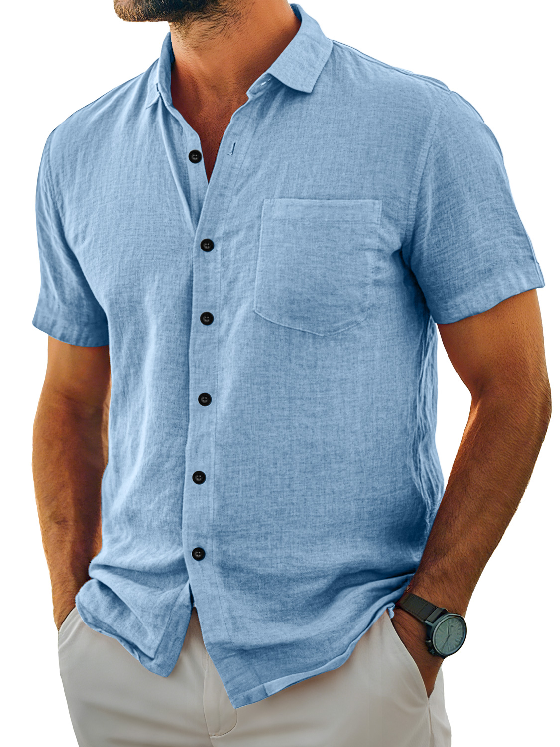 Herren Tägliches Lässiges Taschen Revers Einfarbig Bequemes Kurzarmhemd