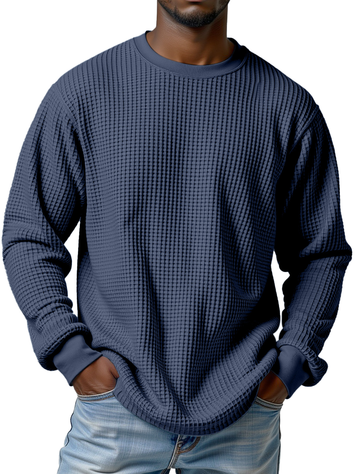 Herren Freizeit Einfarbiger Waffel Rundhals Langarm T-Shirt