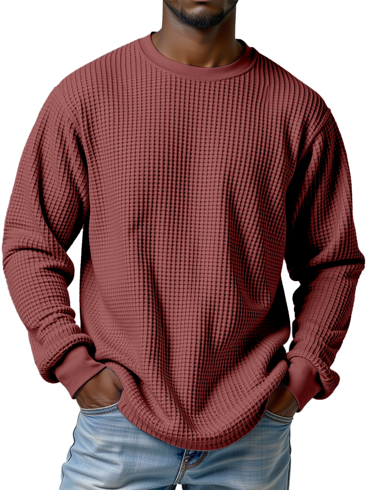 Herren Freizeit Einfarbiger Waffel Rundhals Langarm T-Shirt