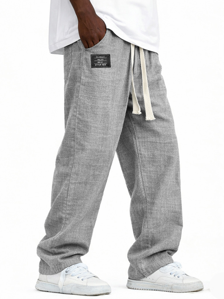 Herren modische lässige Leinenhosen mit elastischem Bund, bestickte Logo-Taschen