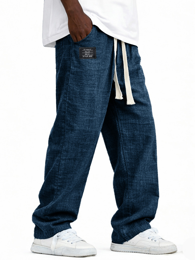 Herren modische lässige Leinenhosen mit elastischem Bund, bestickte Logo-Taschen