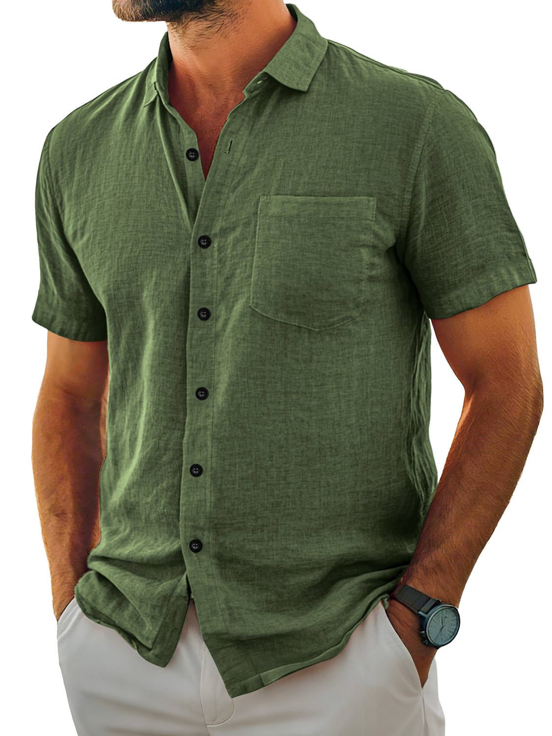 Herren Tägliches Lässiges Taschen Revers Einfarbig Bequemes Kurzarmhemd