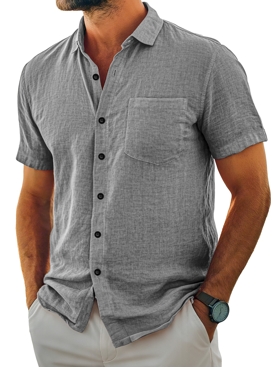 Herren Tägliches Lässiges Taschen Revers Einfarbig Bequemes Kurzarmhemd