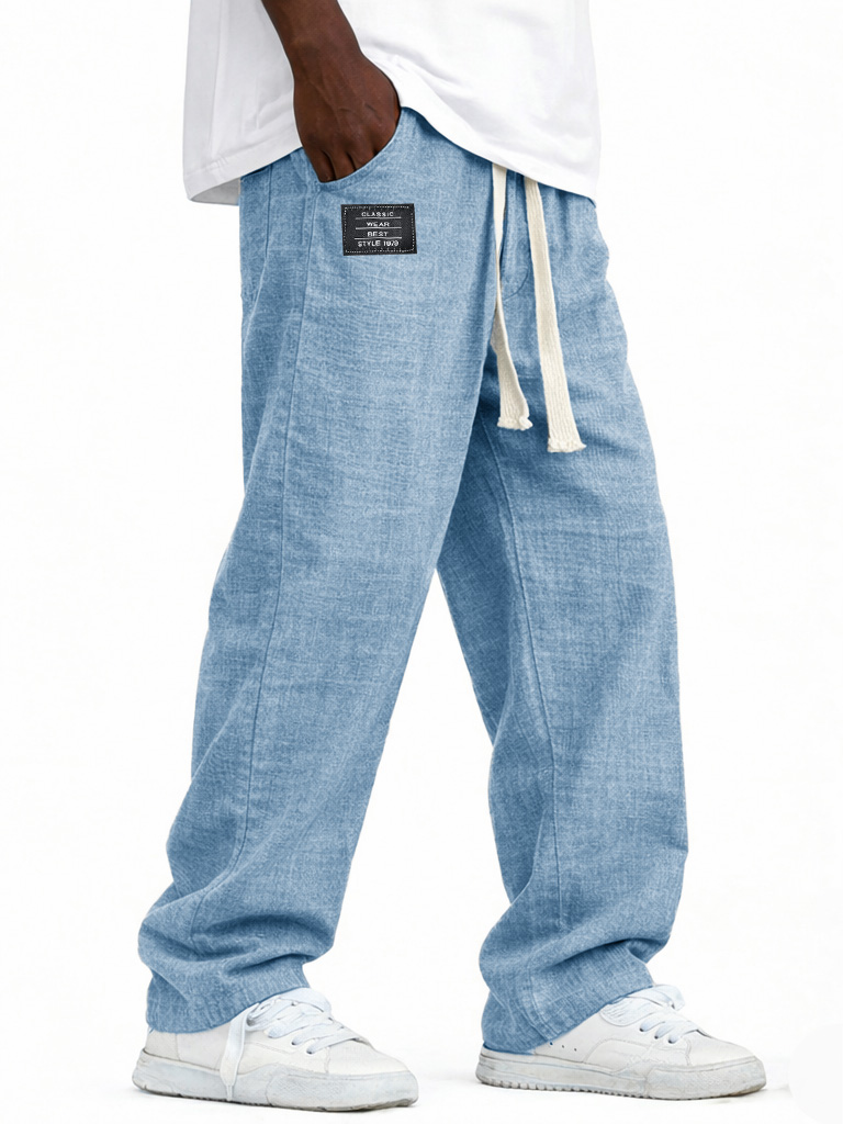 Herren modische lässige Leinenhosen mit elastischem Bund, bestickte Logo-Taschen