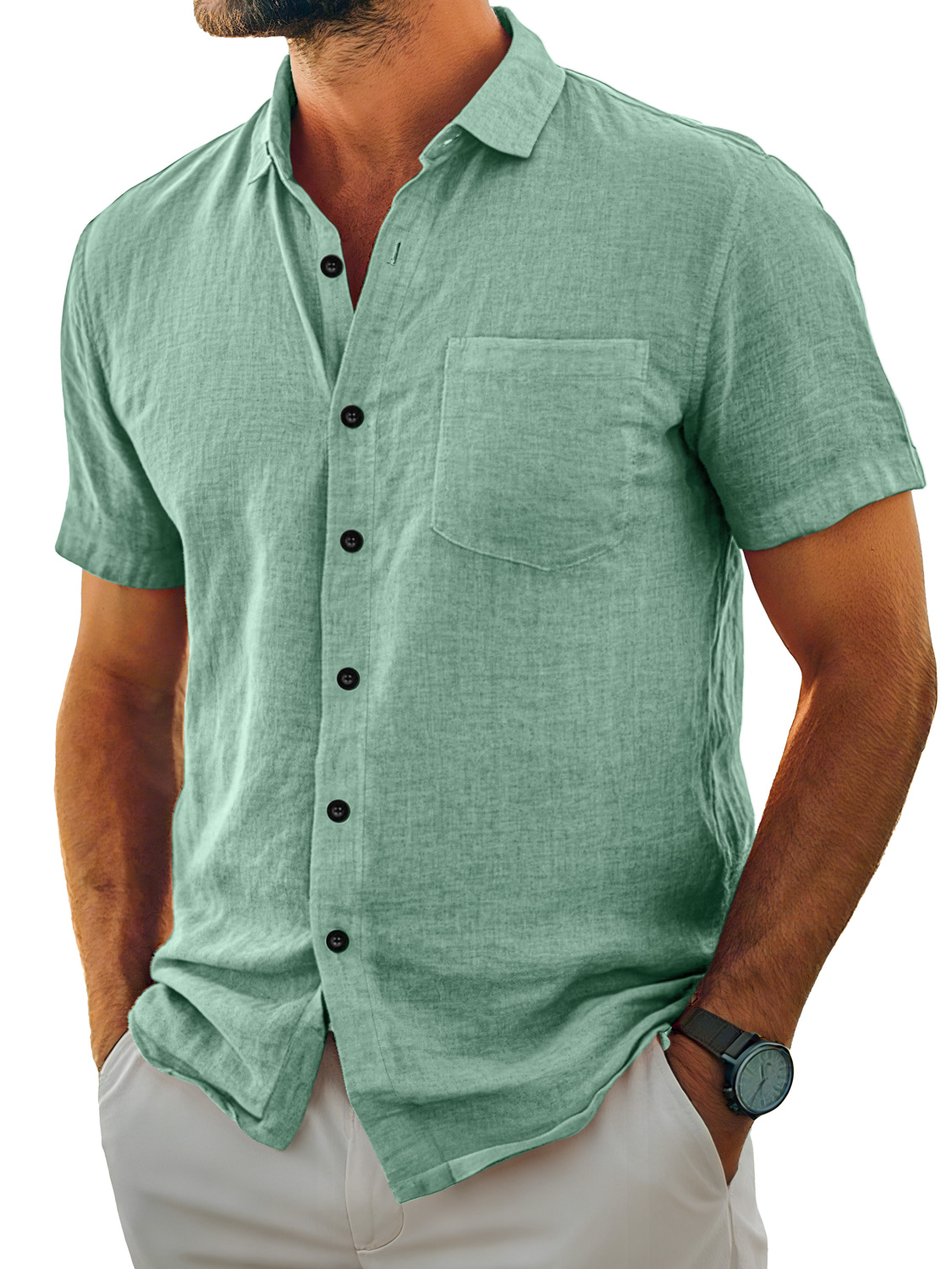 Herren Tägliches Lässiges Taschen Revers Einfarbig Bequemes Kurzarmhemd