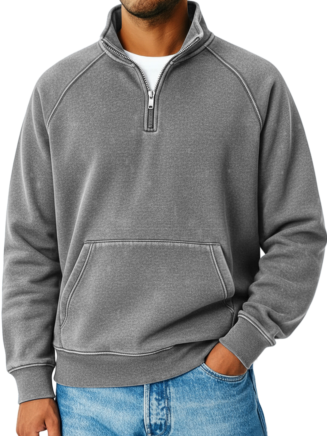 Herren Retro Raglanärmel Stehkragen Reißverschluss Lockere Freizeit Sweatshirt