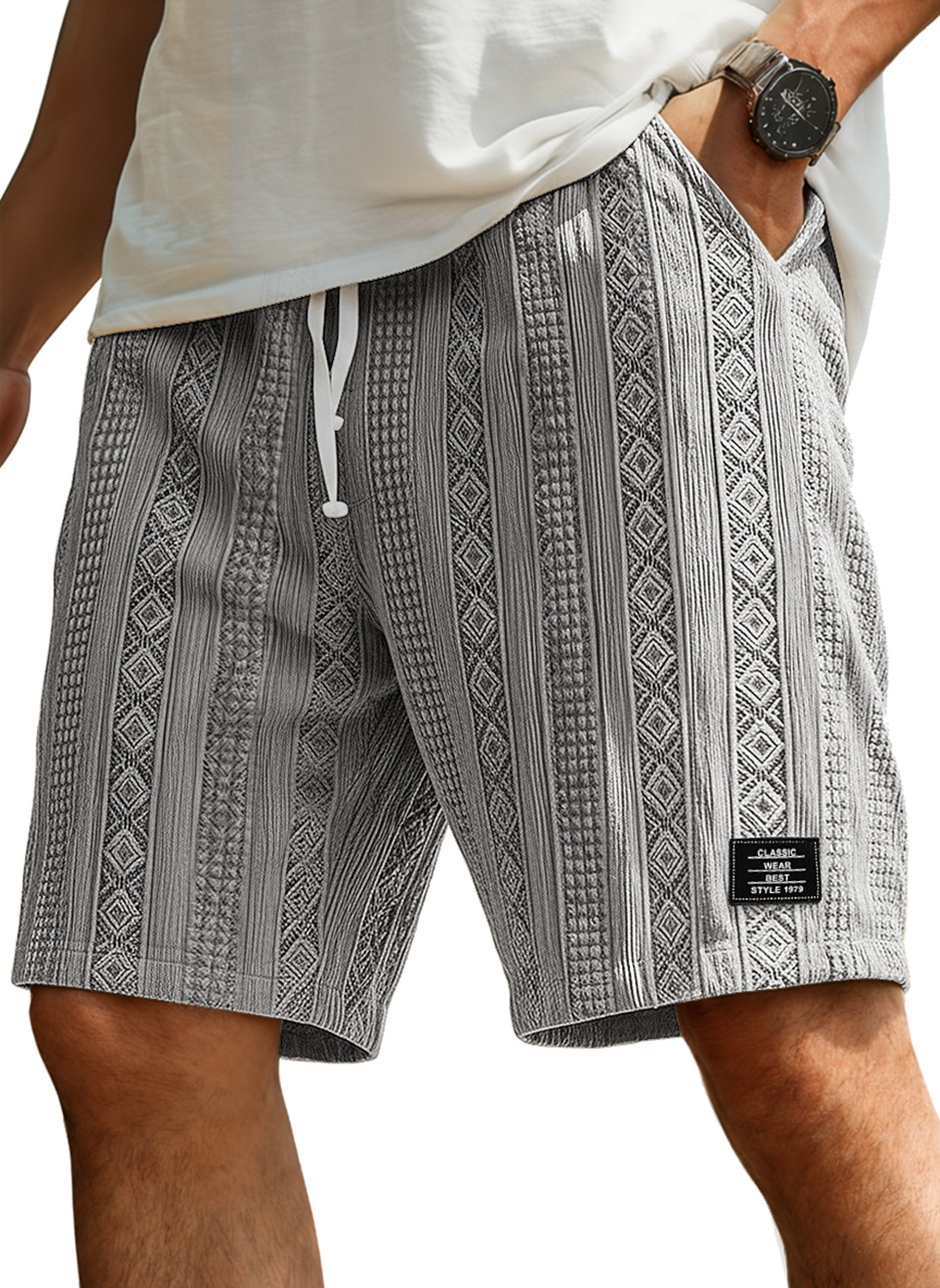 Herren Freizeit Jacquard Strukturierte Shorts Mit Besticktem Logo Und Elastischem Bund