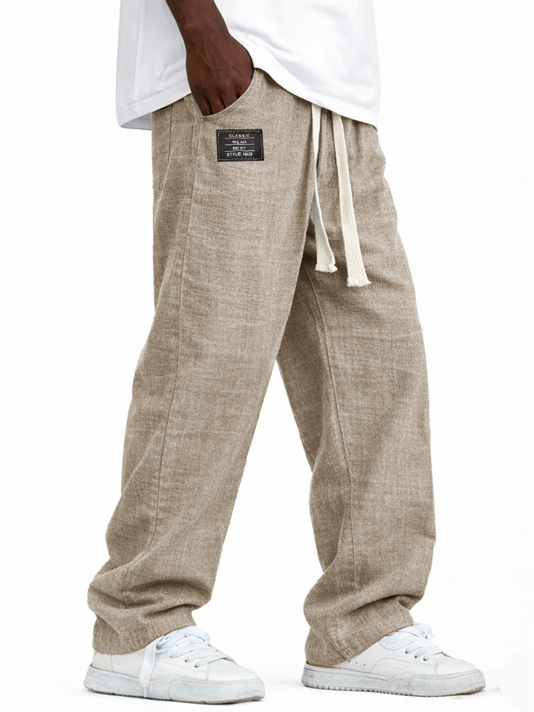 Herren modische lässige Leinenhosen mit elastischem Bund, bestickte Logo-Taschen