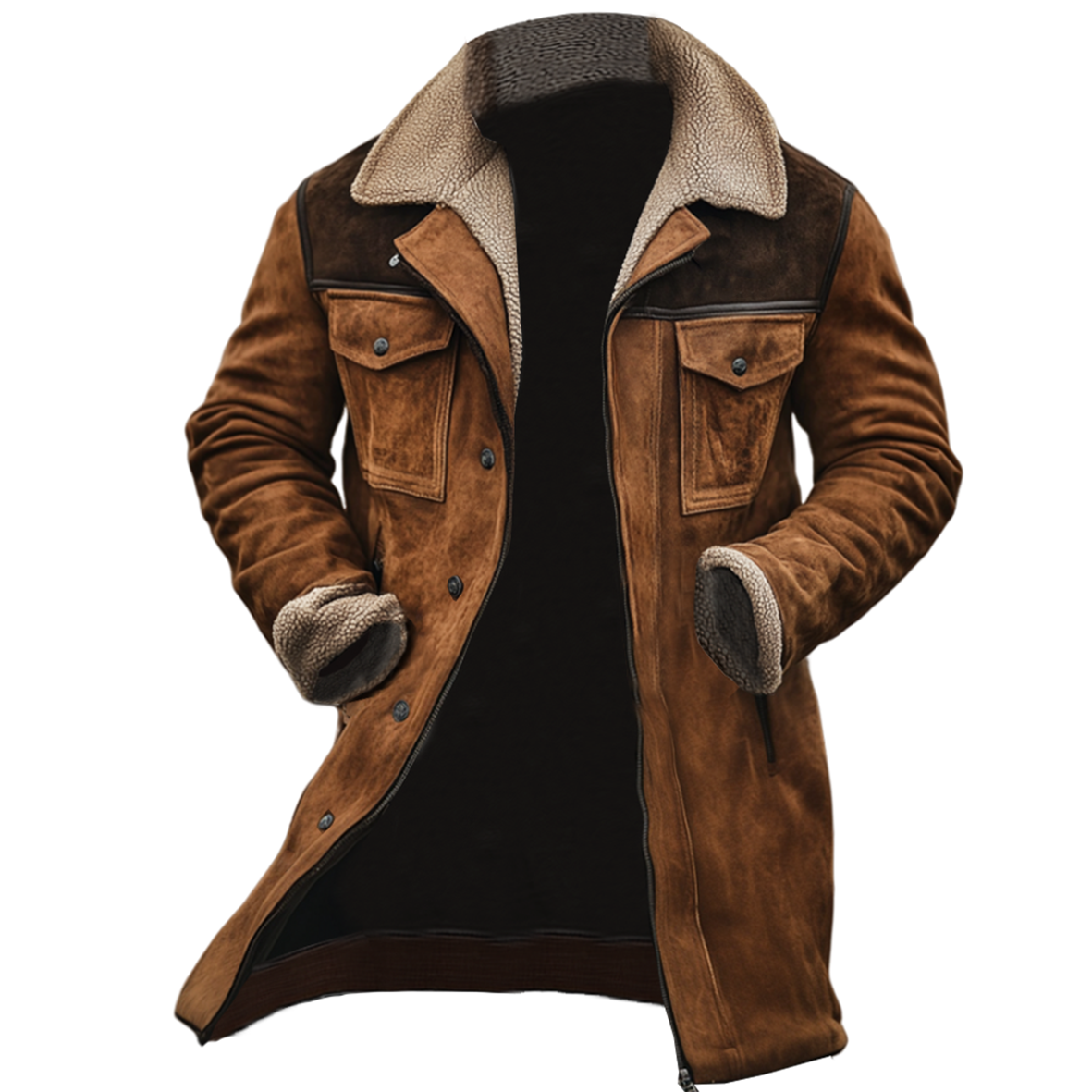 Yellowstone Series - Men's Vintage Suede Patchwork Lamb Fleece Multi-Pocket Reverse Collar Outdoor Jacket Coat