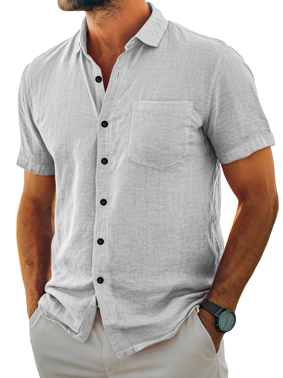 Herren Tägliches Lässiges Taschen Revers Einfarbig Bequemes Kurzarmhemd