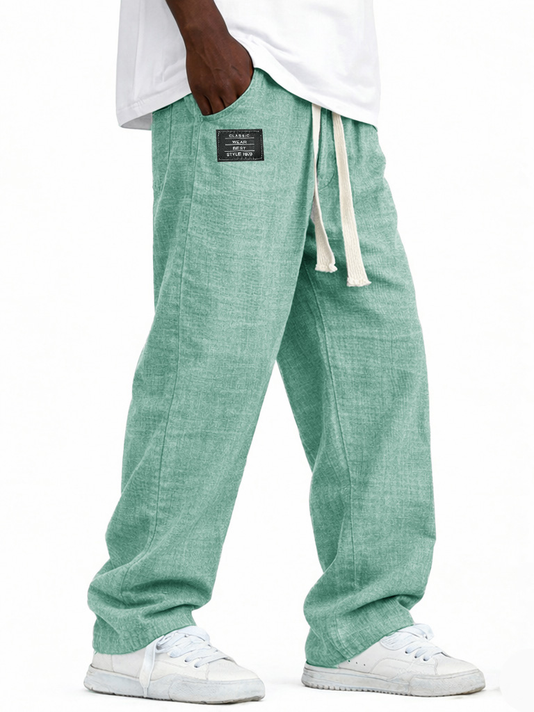 Herren modische lässige Leinenhosen mit elastischem Bund, bestickte Logo-Taschen