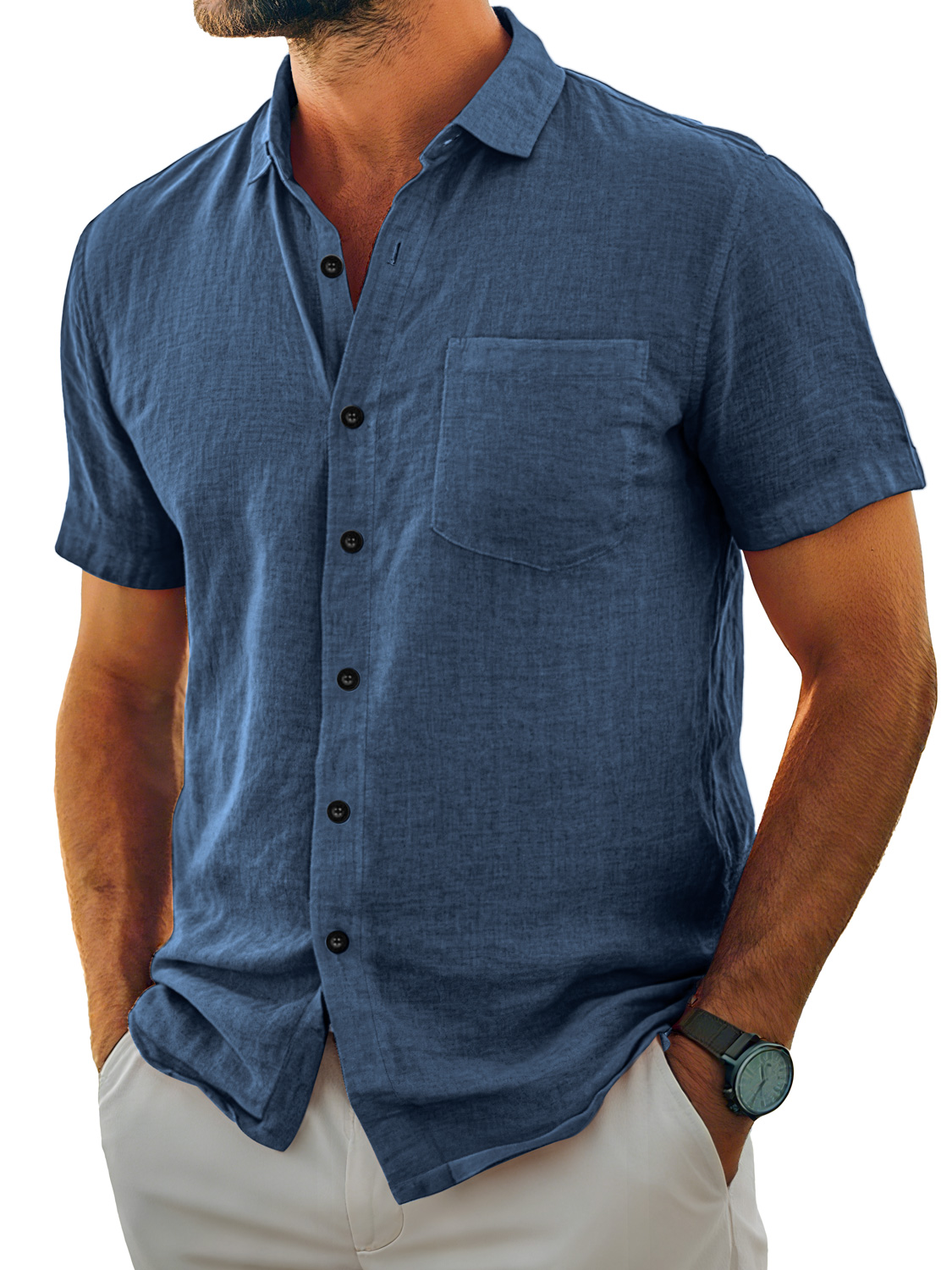 Herren Tägliches Lässiges Taschen Revers Einfarbig Bequemes Kurzarmhemd