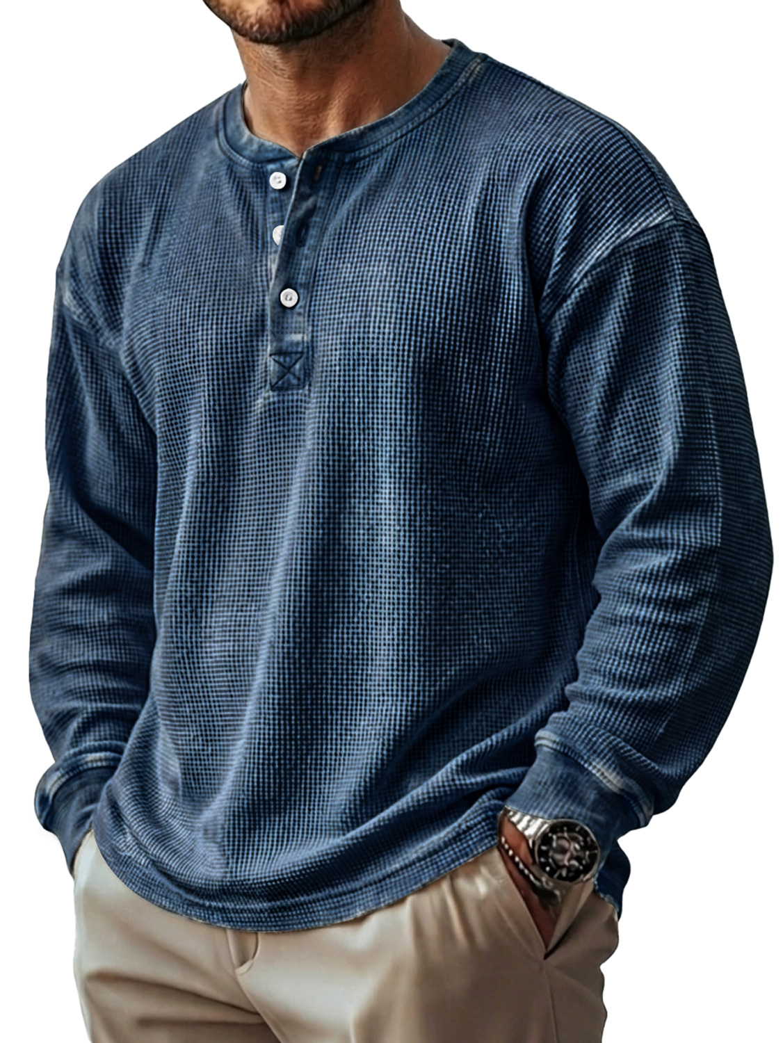 Herren Vintage Waffelstrick Langarm-Henley-Shirt