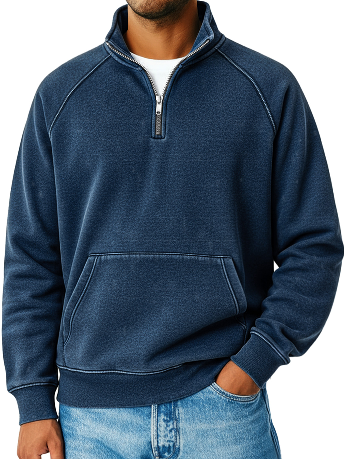 Herren Retro Raglanärmel Stehkragen Reißverschluss Lockere Freizeit Sweatshirt