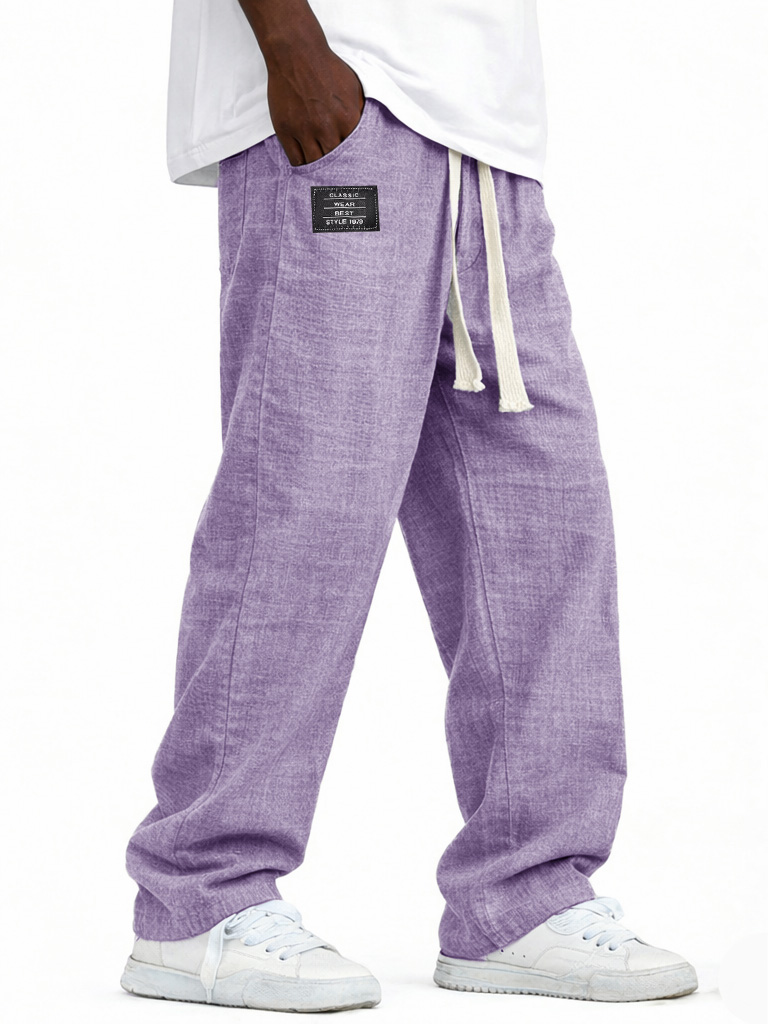 Herren modische lässige Leinenhosen mit elastischem Bund, bestickte Logo-Taschen