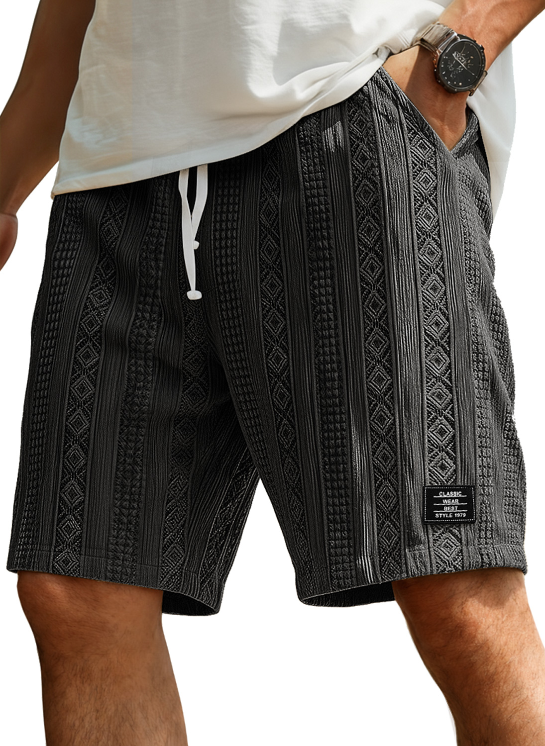Herren Freizeit Jacquard Strukturierte Shorts Mit Besticktem Logo Und Elastischem Bund
