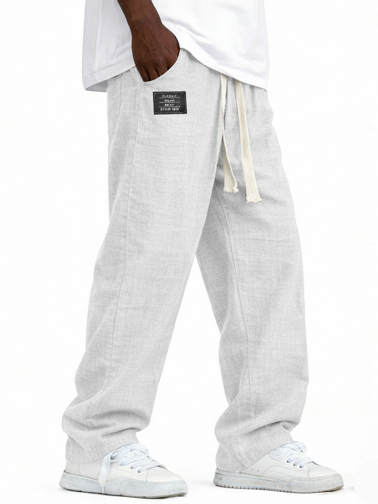 Herren modische lässige Leinenhosen mit elastischem Bund, bestickte Logo-Taschen