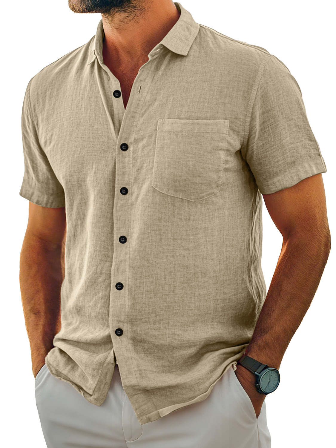 Herren Tägliches Lässiges Taschen Revers Einfarbig Bequemes Kurzarmhemd