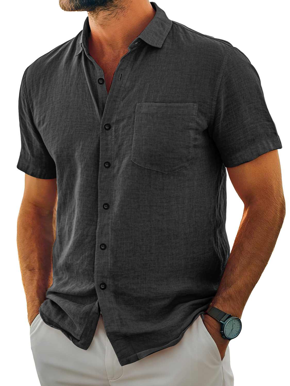 Herren Tägliches Lässiges Taschen Revers Einfarbig Bequemes Kurzarmhemd