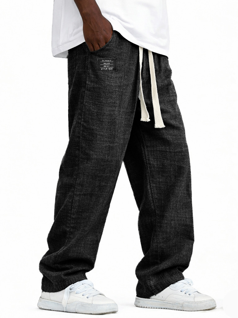 Herren modische lässige Leinenhosen mit elastischem Bund, bestickte Logo-Taschen