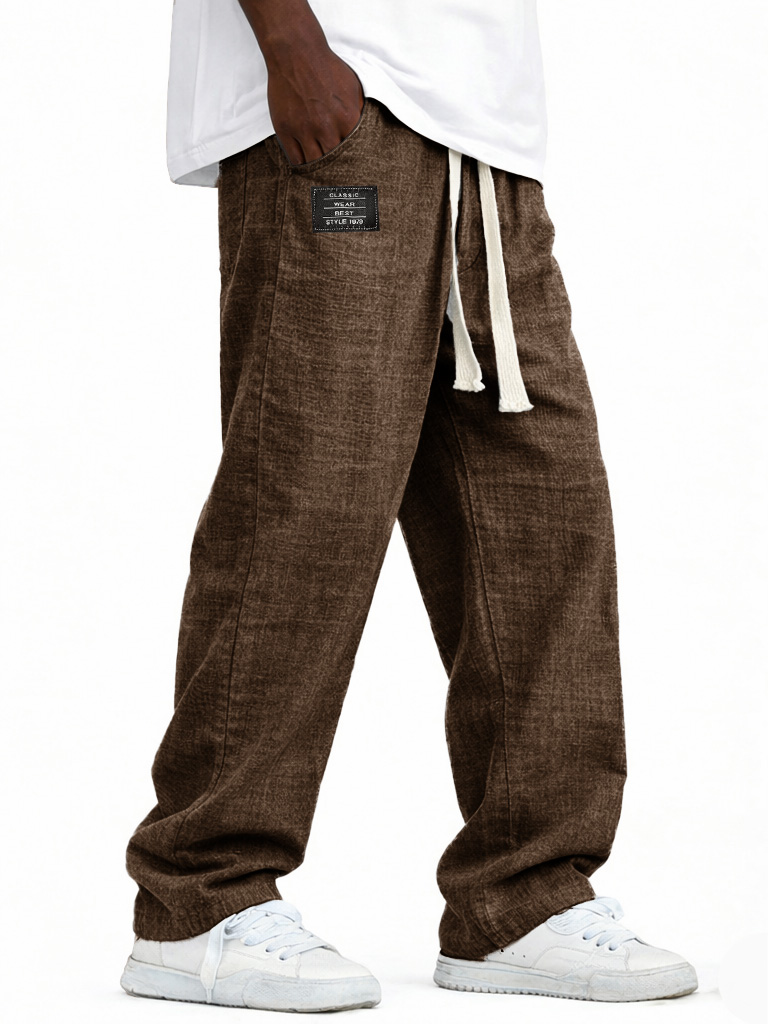 Herren modische lässige Leinenhosen mit elastischem Bund, bestickte Logo-Taschen