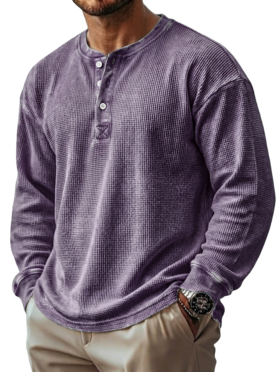 Herren Vintage Waffelstrick Langarm-Henley-Shirt