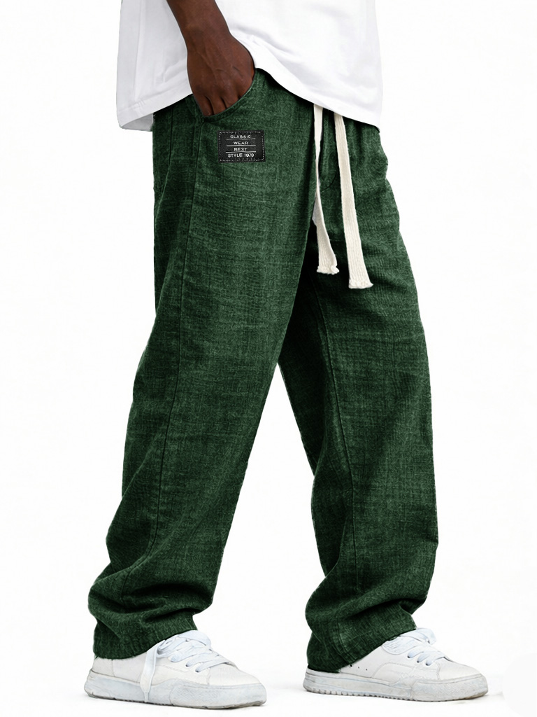 Herren modische lässige Leinenhosen mit elastischem Bund, bestickte Logo-Taschen