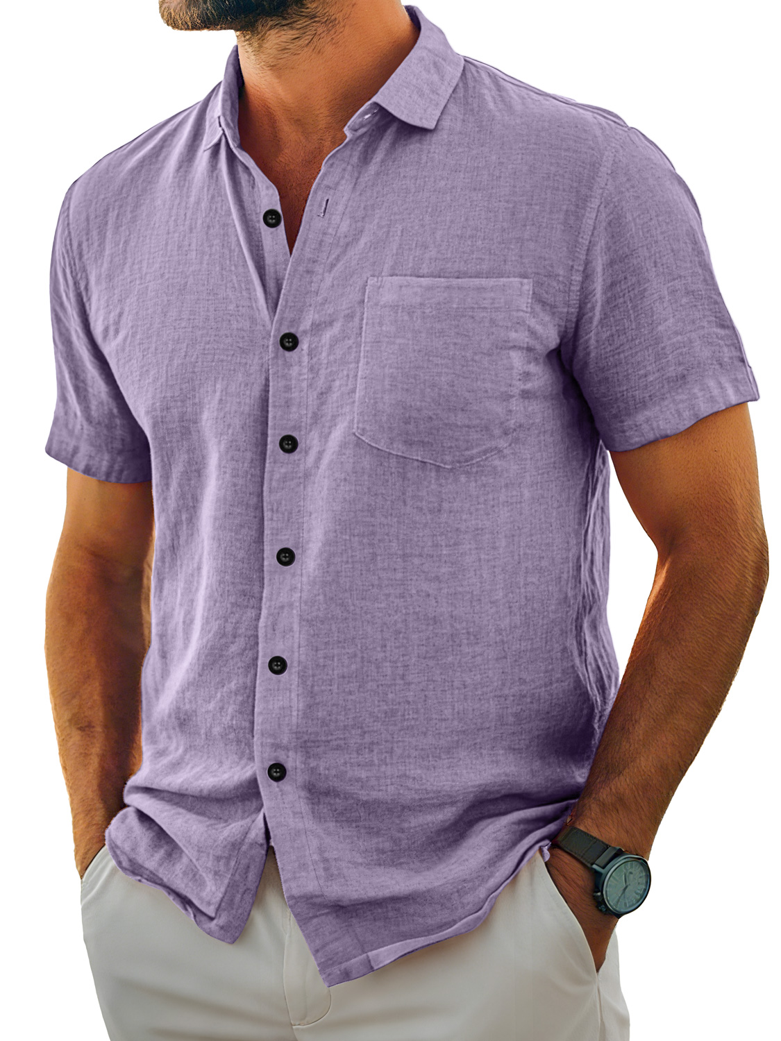 Herren Tägliches Lässiges Taschen Revers Einfarbig Bequemes Kurzarmhemd