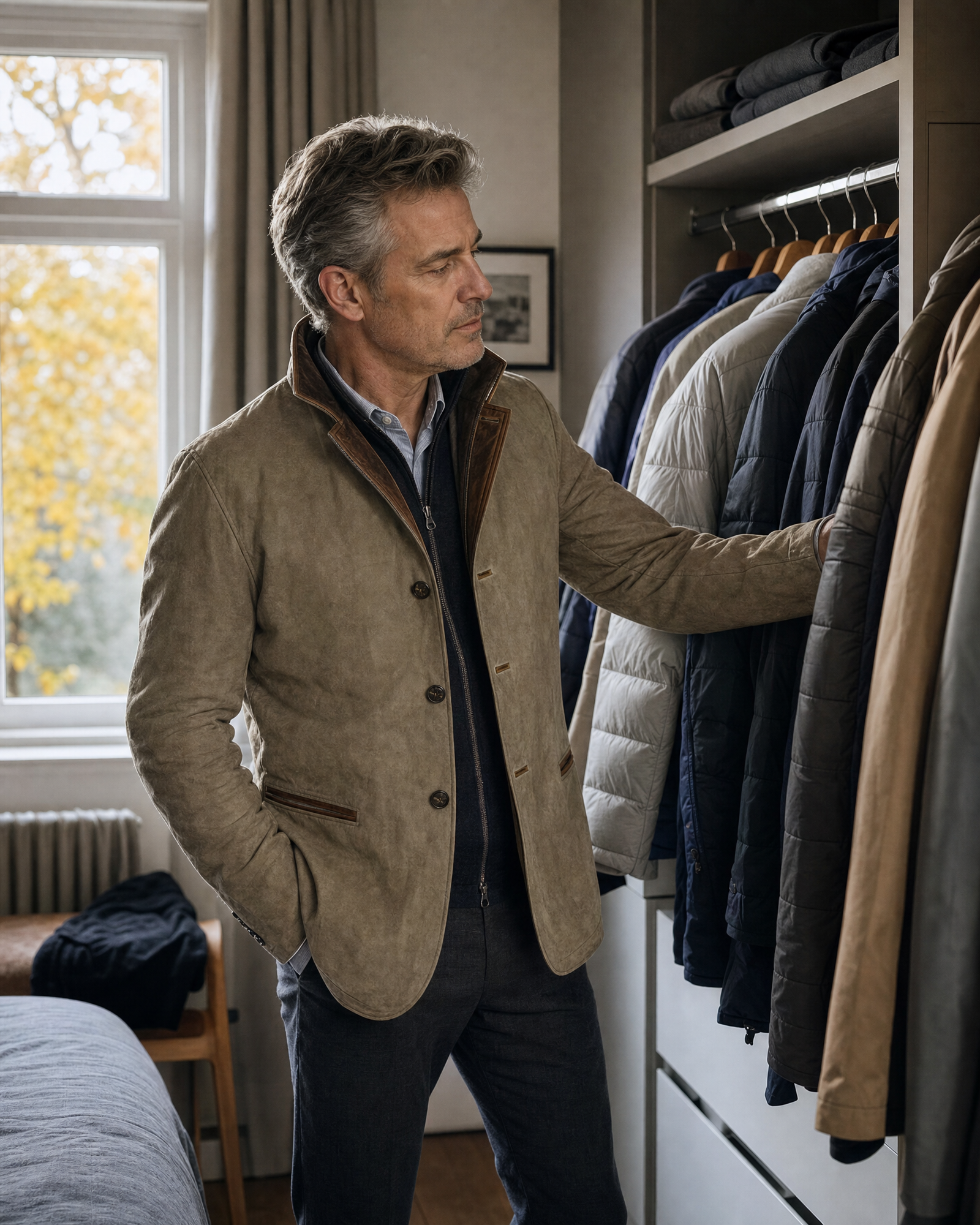 Mann tr&auml;gt klassische Herrenjacke im Herbst