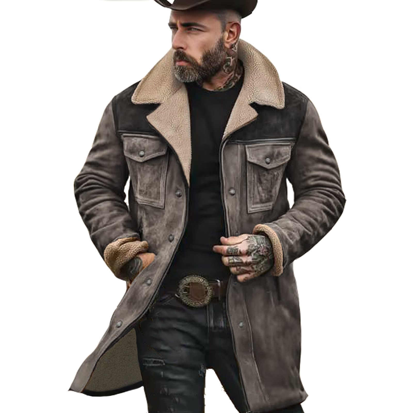 Yellowstone-Serie – Herren-Outdoorjacke aus Vintage-Wildleder mit Patchwork-Lammfleece und mehreren Taschen und umgekehrtem Kragen