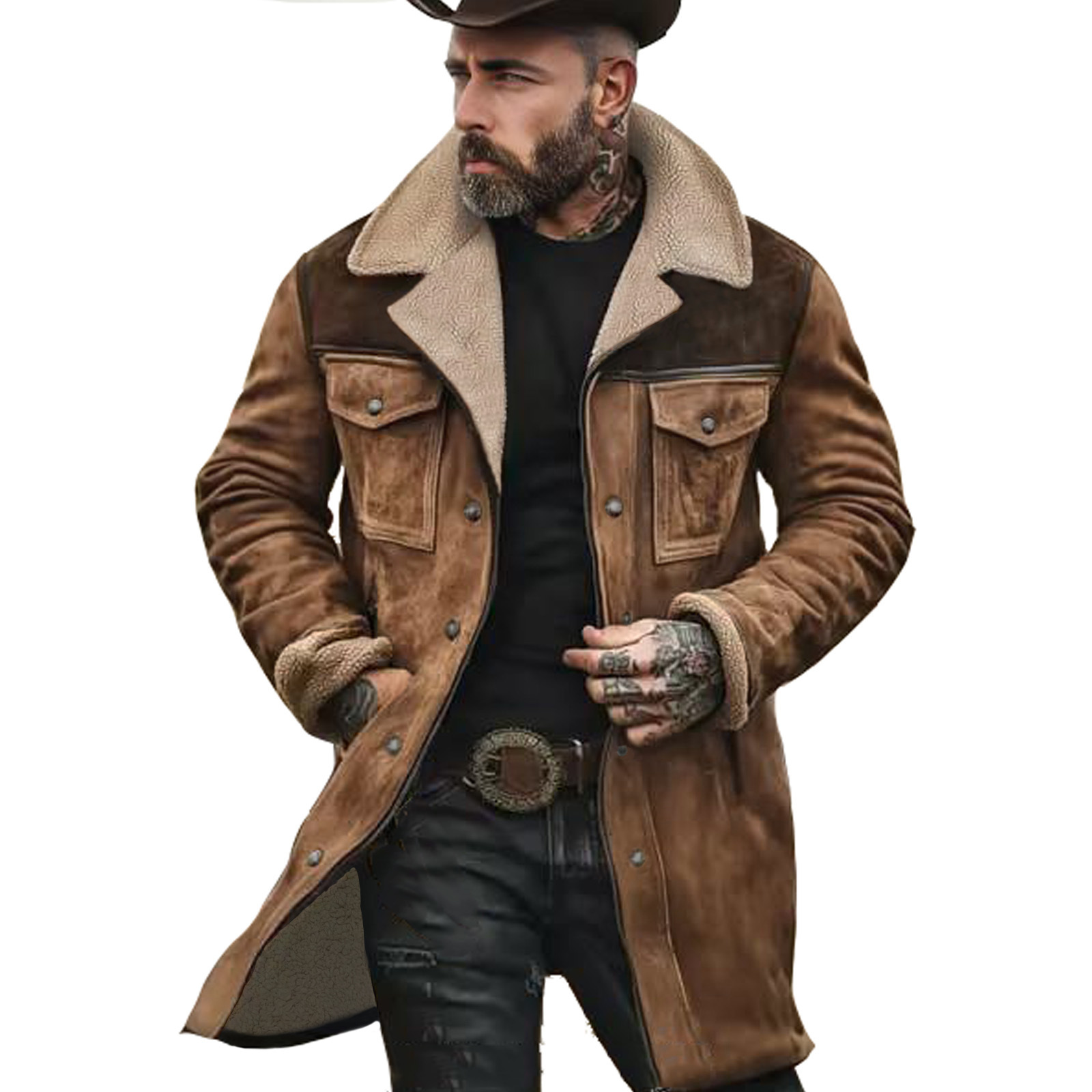 Yellowstone-Serie – Herren-Outdoorjacke aus Vintage-Wildleder mit Patchwork-Lammfleece und mehreren Taschen und umgekehrtem Kragen