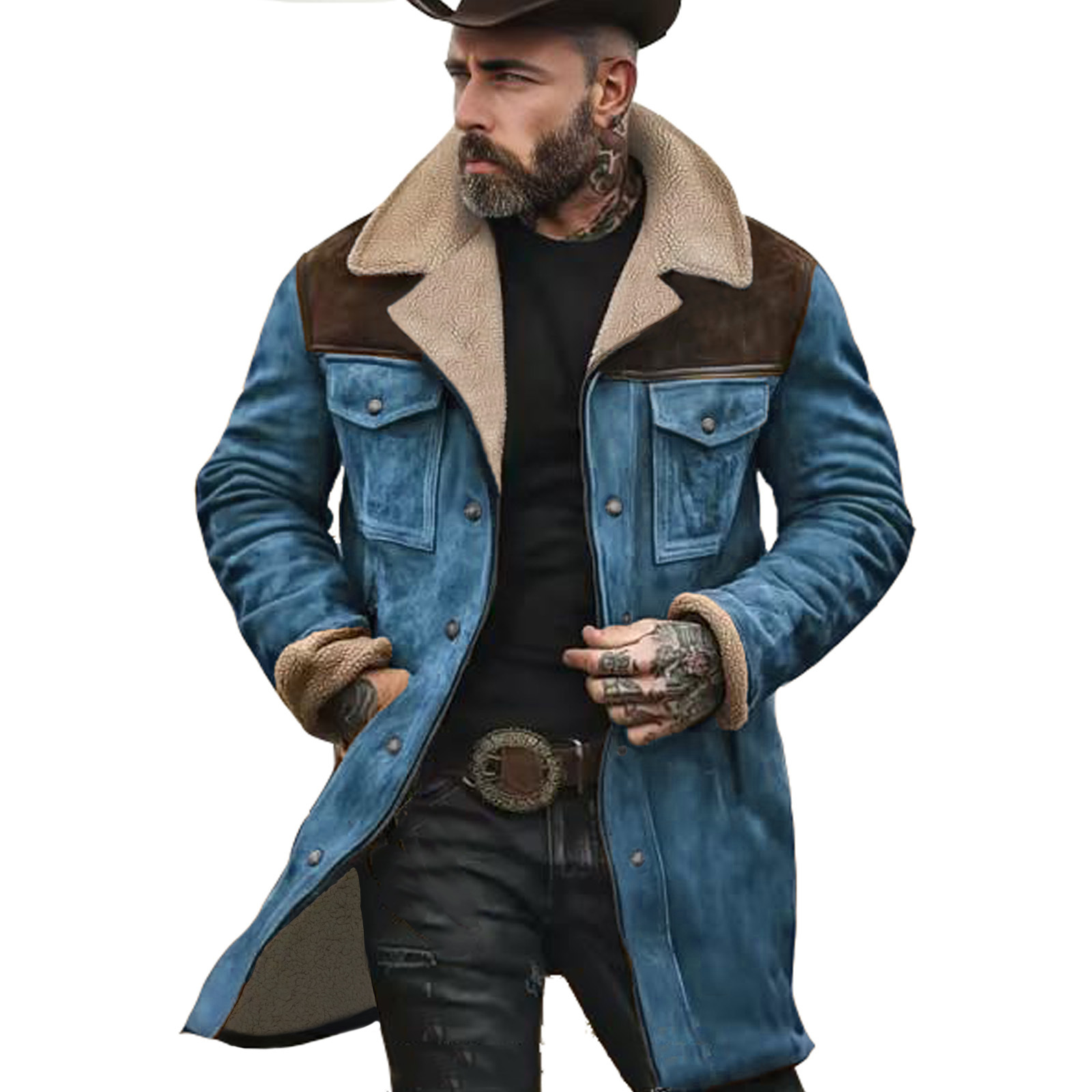 Yellowstone-Serie – Herren-Outdoorjacke aus Vintage-Wildleder mit Patchwork-Lammfleece und mehreren Taschen und umgekehrtem Kragen