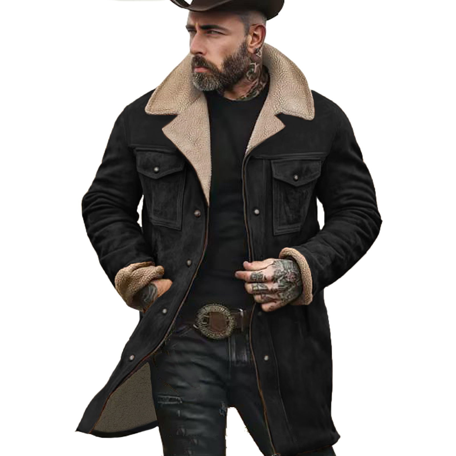 Yellowstone-Serie – Herren-Outdoorjacke aus Vintage-Wildleder mit Patchwork-Lammfleece und mehreren Taschen und umgekehrtem Kragen
