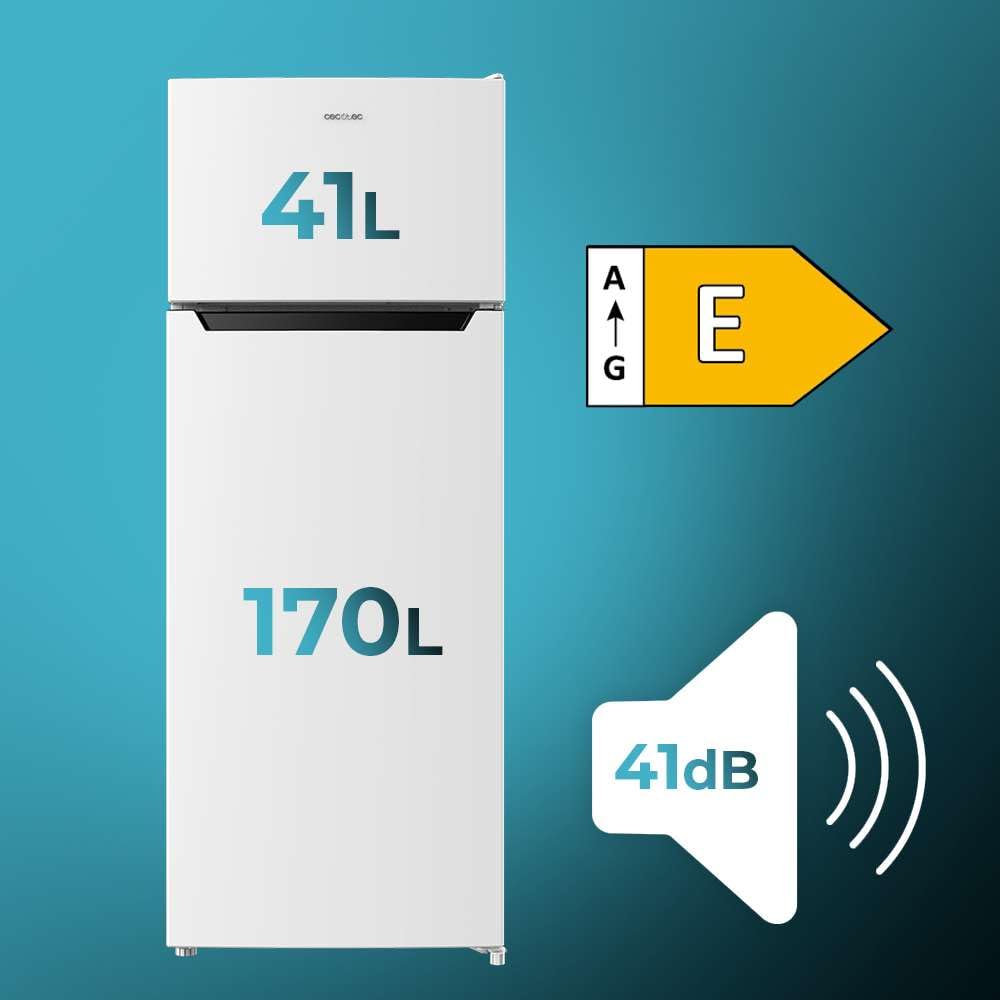 Cecotec Réfrigérateur de deux portes Bolero CoolMarket 2D 211 White E. Réfrigérateur blanc, 143 cm de haut, 211 L, Dégivrage, classe E, mode Congélation Rapide.