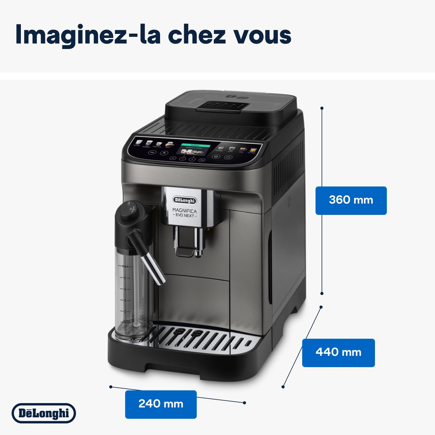 De’Longhi Magnifica Evo Next - Perfetto Machine à Café Automatique avec LatteCrema Mousseur à Lait Automatique, 13 Boissons en une Seule Touche, Écran Tactile Couleurs, Titane et Noir (ECAM312.80.TB)