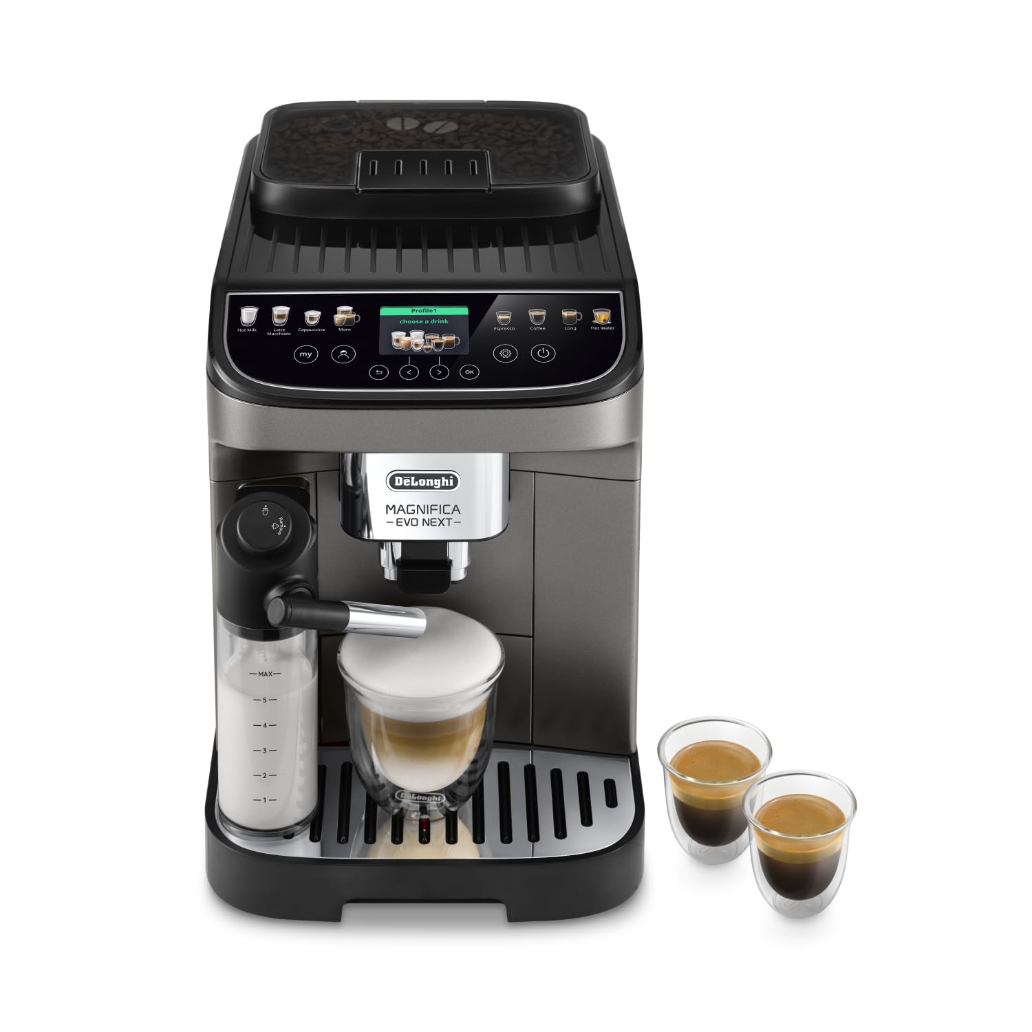 De’Longhi Magnifica Evo Next - Perfetto Machine à Café Automatique avec LatteCrema Mousseur à Lait Automatique, 13 Boissons en une Seule Touche, Écran Tactile Couleurs, Titane et Noir (ECAM312.80.TB)