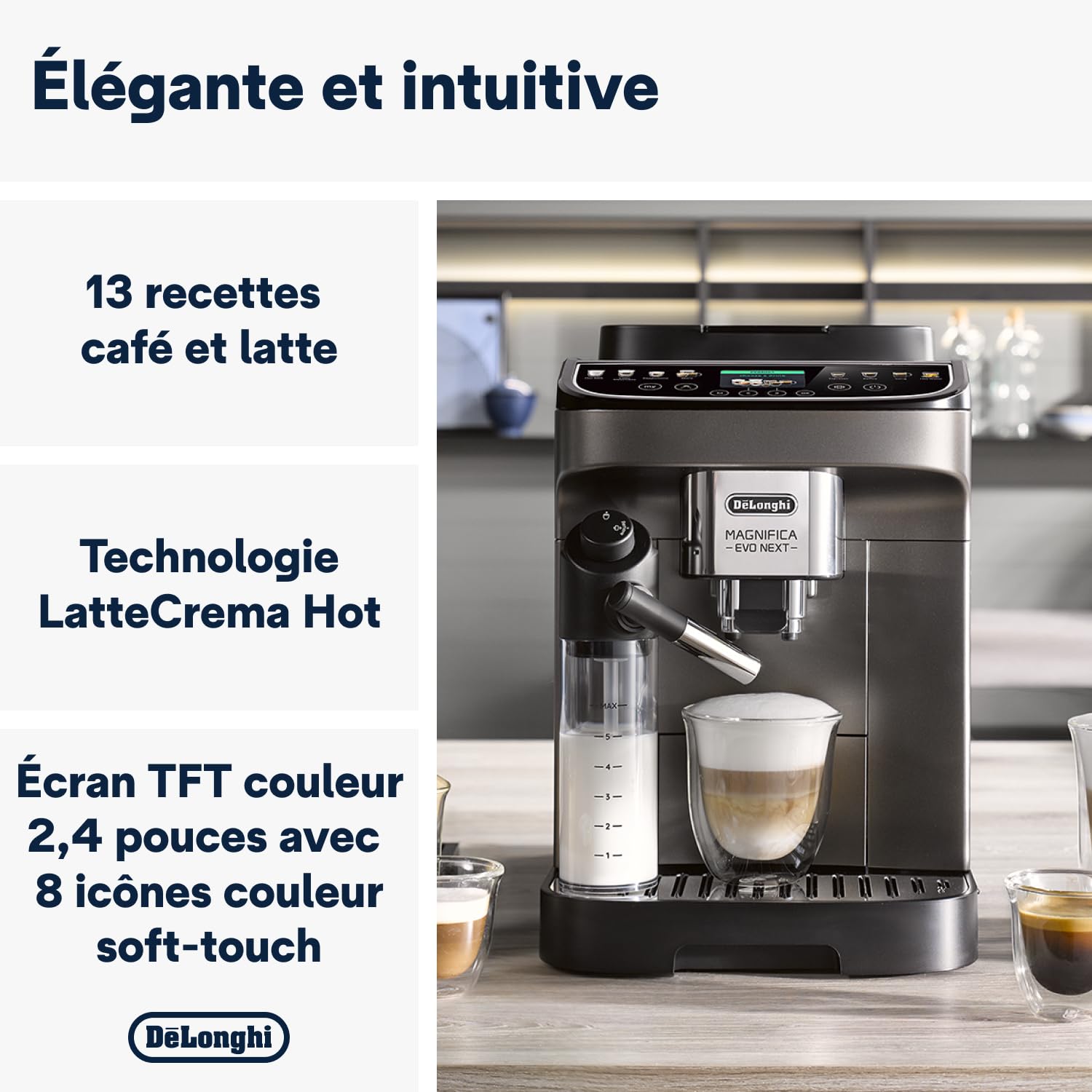 De’Longhi Magnifica Evo Next - Perfetto Machine à Café Automatique avec LatteCrema Mousseur à Lait Automatique, 13 Boissons en une Seule Touche, Écran Tactile Couleurs, Titane et Noir (ECAM312.80.TB)